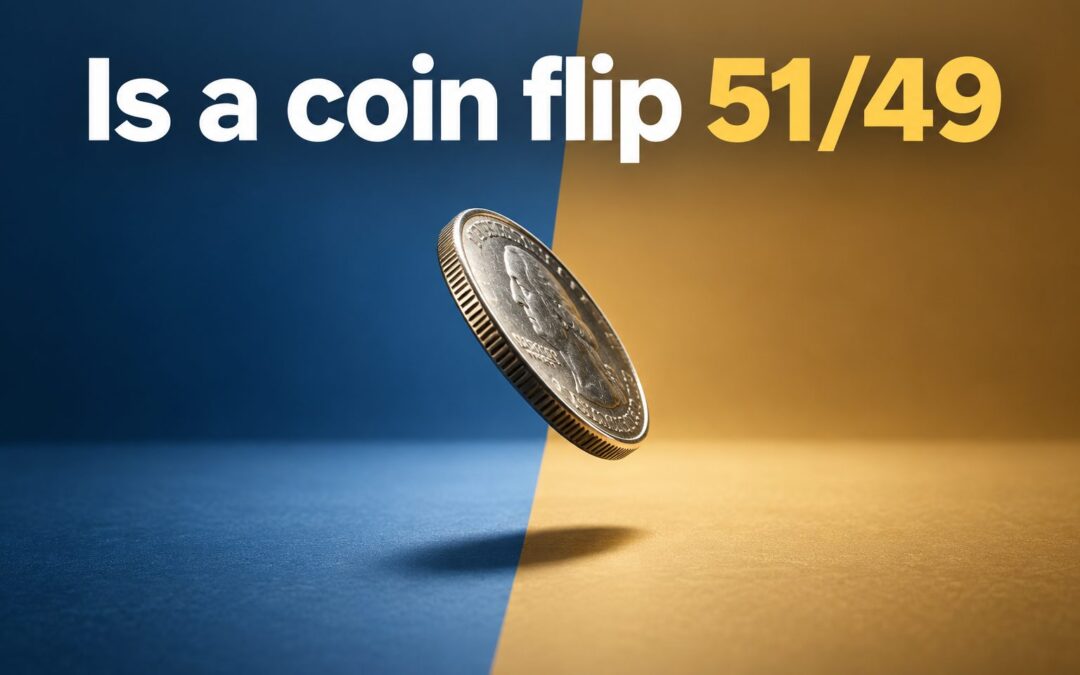 A coin flipping in the air between 51% and 49% odds