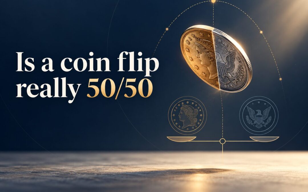 A coin spinning in midair above an open hand, showing the uncertainty behind a coin flip.
