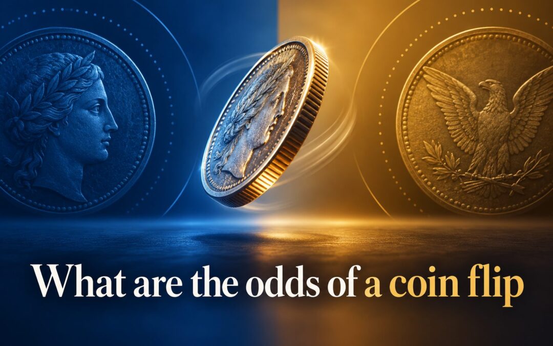 Coin spinning in the air above a balanced 50/50 odds graphic